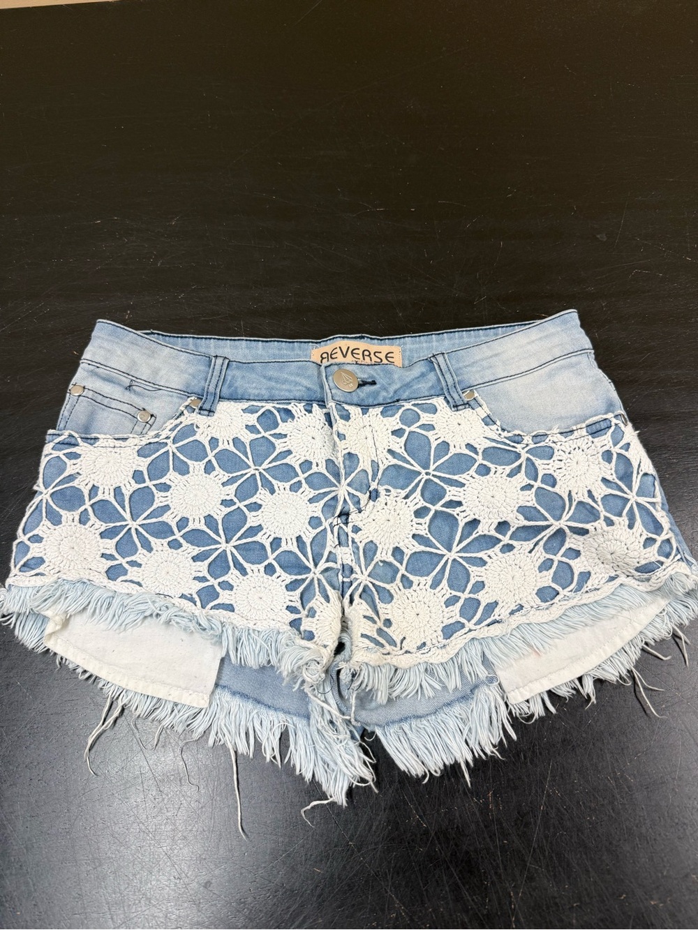 Reverse Light Blue Denim Shorts with White Crochet Overlay